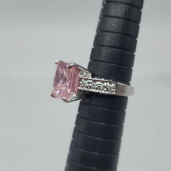 Vintage Sterling Silver Pink Sapphire CZ Princess Cut With Heart Pendant Sz 6 - Picture 12 of 17